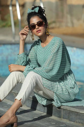 Sagegreen Alphin Chiffon Flared Printed Dress With Tie-up Blet